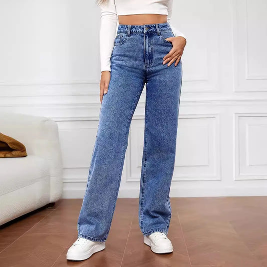 Washed Fashion Straight Jeans Women's Mid Waist - Sculptify™