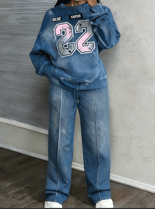 Digital Printed Sweater And Wide-leg Pants Denim Set - Sculptify™