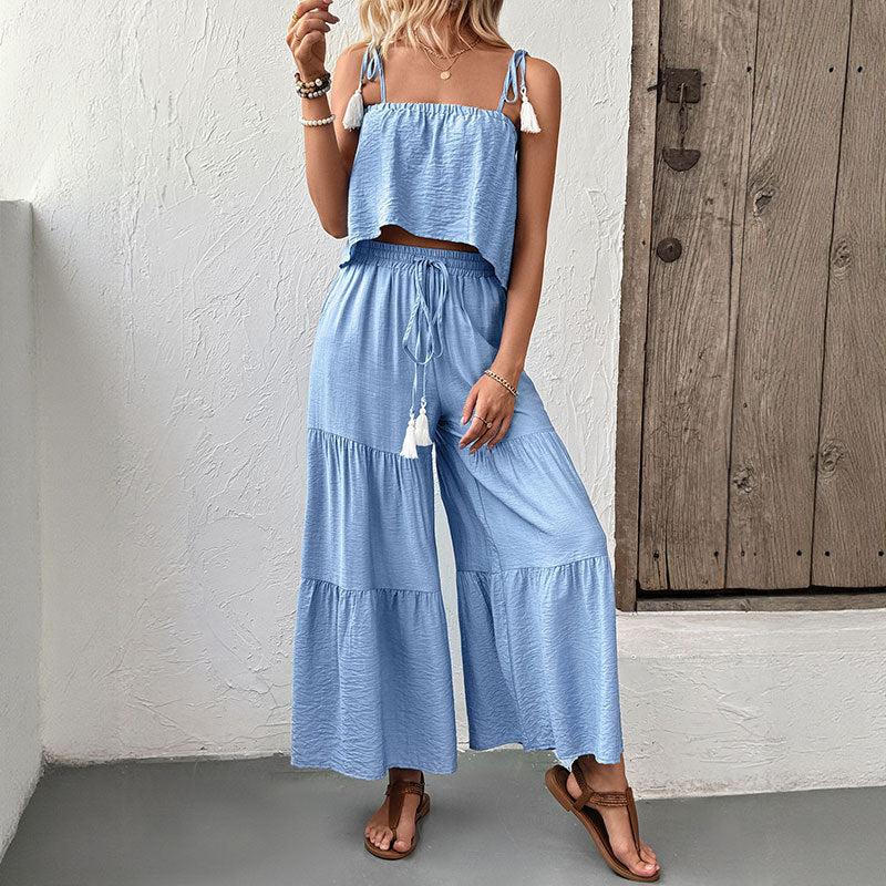 Strappy Top And Wide-leg Pants Textured Resort Set - Sculptify™