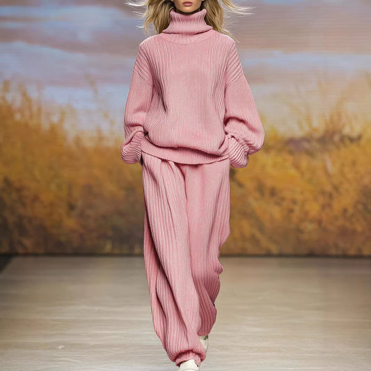 Knitted Loose Fitting Turtleneck And Wide Leg Pants Set - Sculptify™