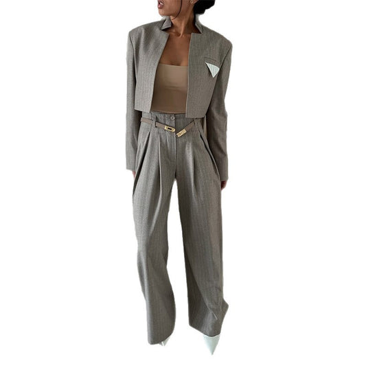 Chic And Stylish Striped Blazer And Suit Pants Casual Set - Sculptify™