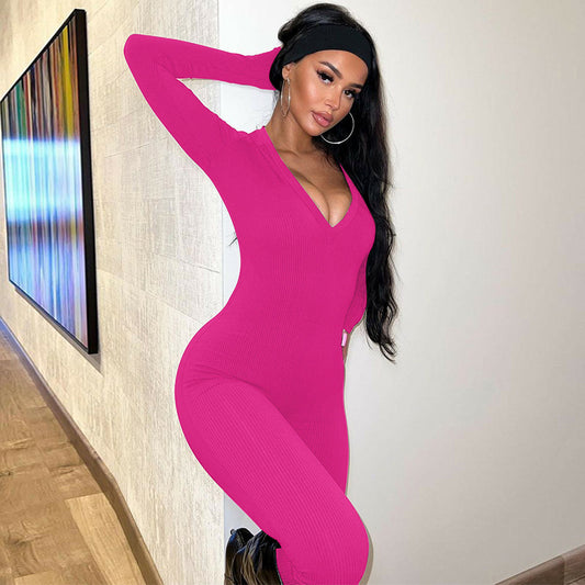 Solid Color Slim Fit Sports Long Sleeve Jumpsuit - Sculptify™