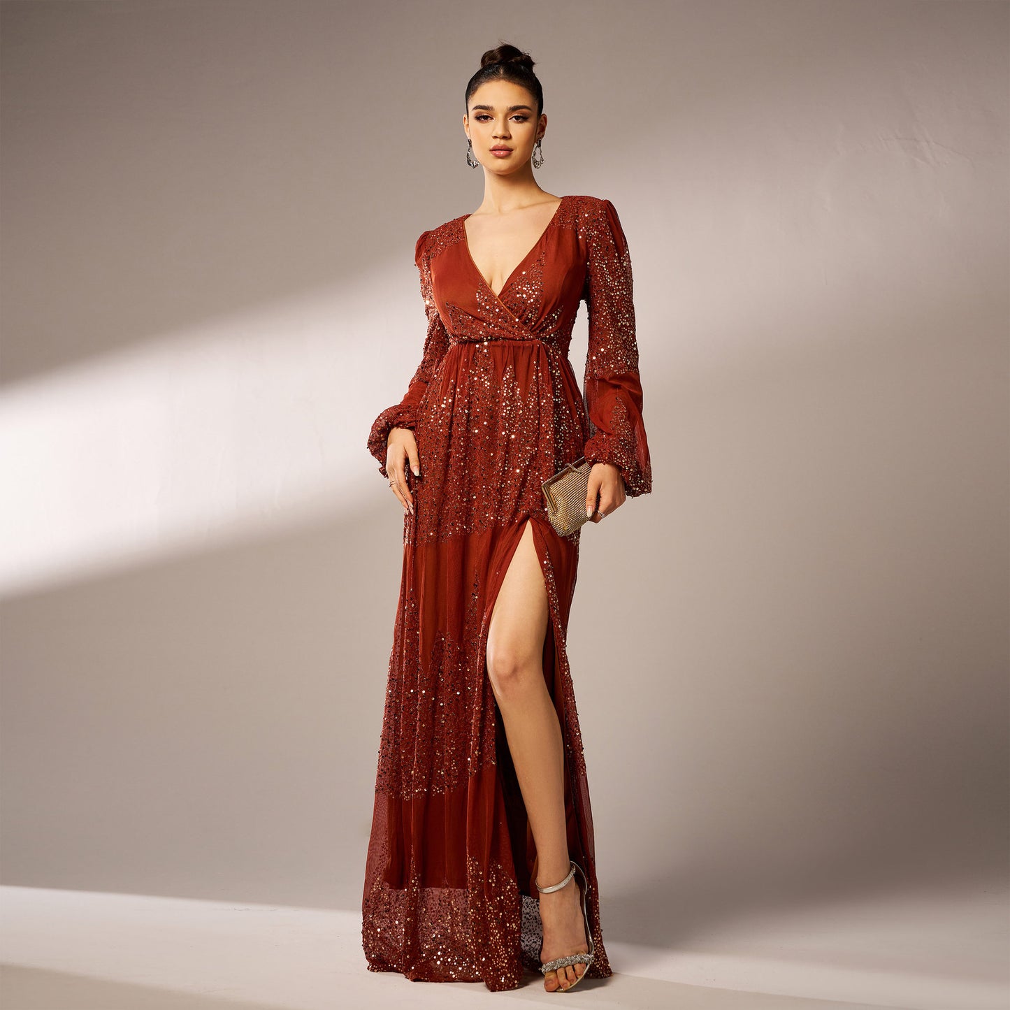 Long Sleeve V-neck Sexy Long Sequined Evening Dress - Sculptify™