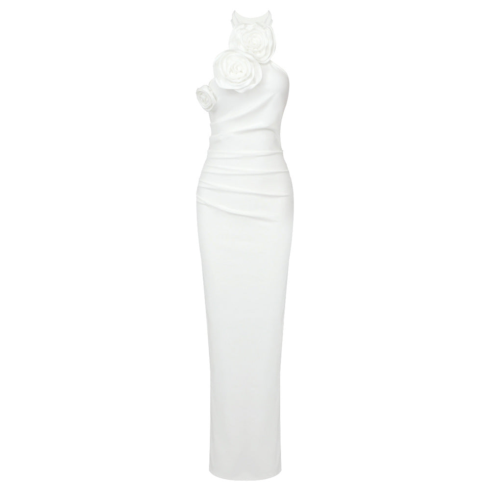 New Style White Ribbon Flower Halter Long High Sense Dress - Sculptify™