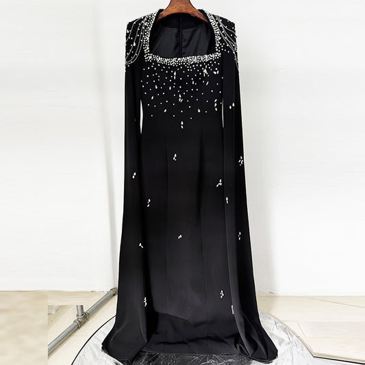 Beaded Lanyard Shawl Sleeve And Floor Long Dress - Sculptify™