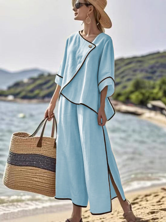 Womens Vacation-Ready Loose Striped Print Wide-Leg Pants Set - Sculptify™