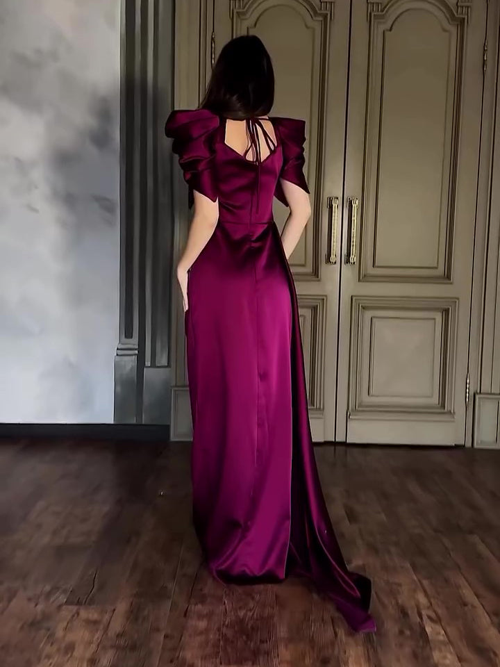 Elegant Puff Sleeve Pleated Slit Maxi Dress - Sculptify™