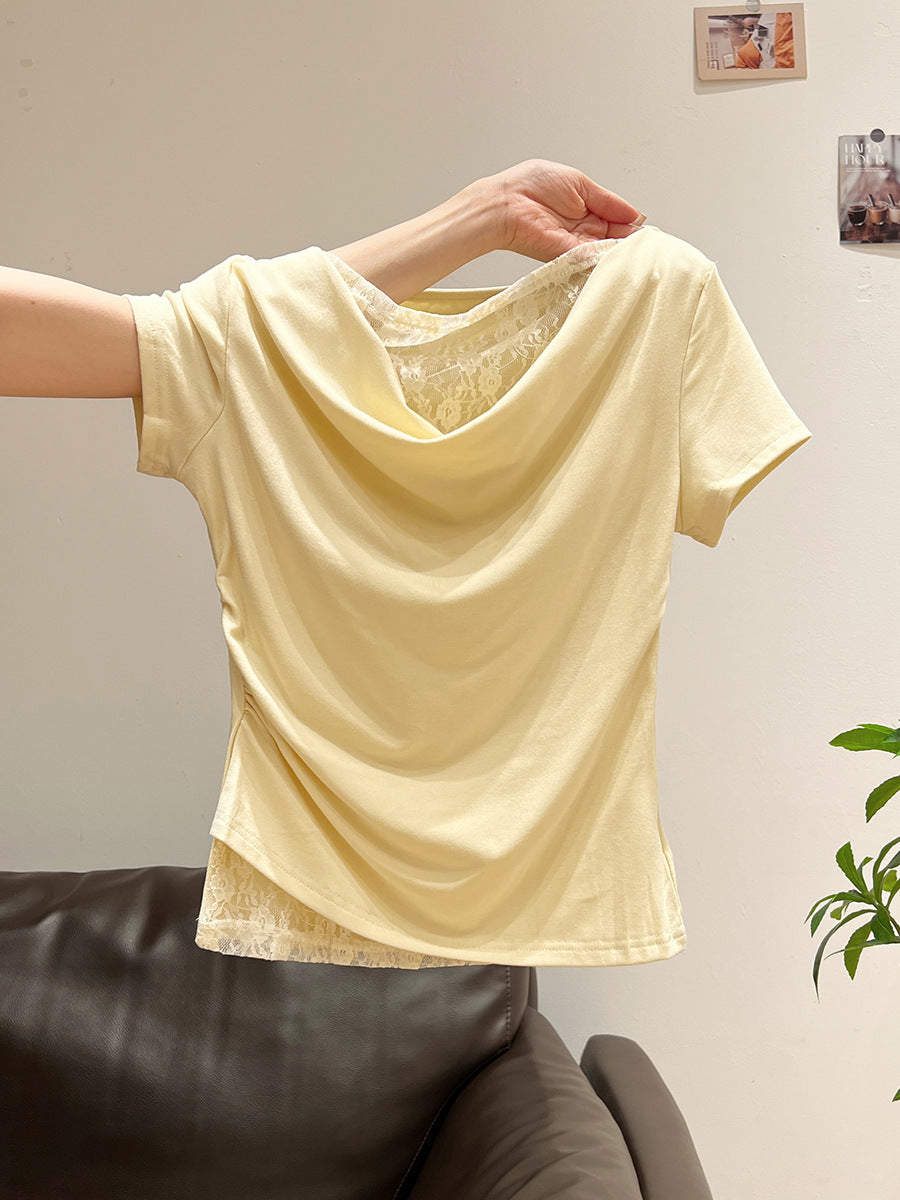 Korean Style Lace Stitching Swing Collar Off-shoulder Short Sleeve T-shirt Short sleeve t-shirts Sculptify™