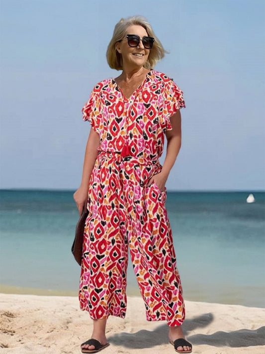 Loose Short Sleeve V-neck Printed Jumpsuit - Sculptify™
