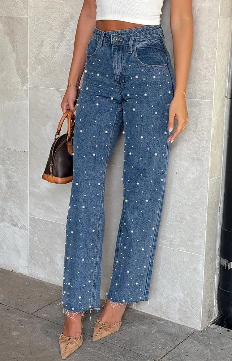 ObliqueGlam Beaded Straight Jeans - Sculptify™