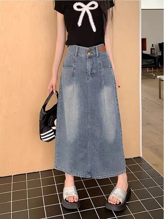 Medium-Length High Waist Retro Denim Skirt - Sculptify™