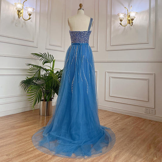 Blue Handmade Beaded Split Shoulder Fishtail Dress - Sculptify™
