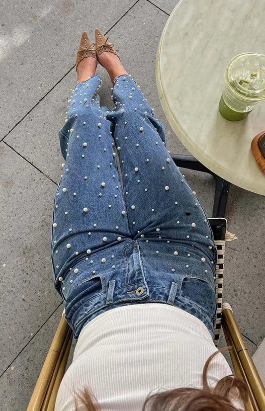 ObliqueGlam Beaded Straight Jeans - Sculptify™