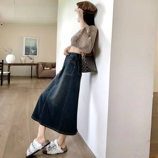 Trendy Three-Quarter High-Waist Denim Skirt - Sculptify™