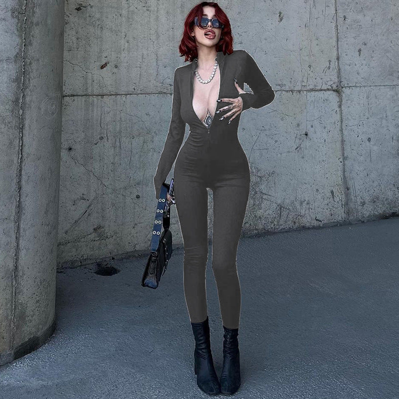Women's Fashion Personality Chest Zipper Slim-fit Long-sleeved Stretch Bottoming Jumpsuit - Sculptify™