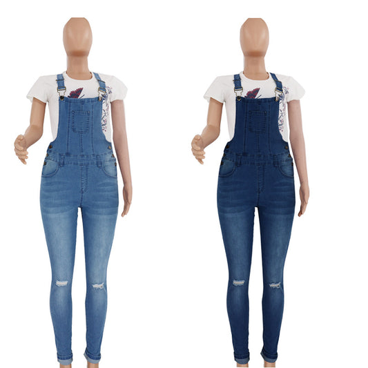 Womens Ripped Washed Denim Overalls - Sculptify™