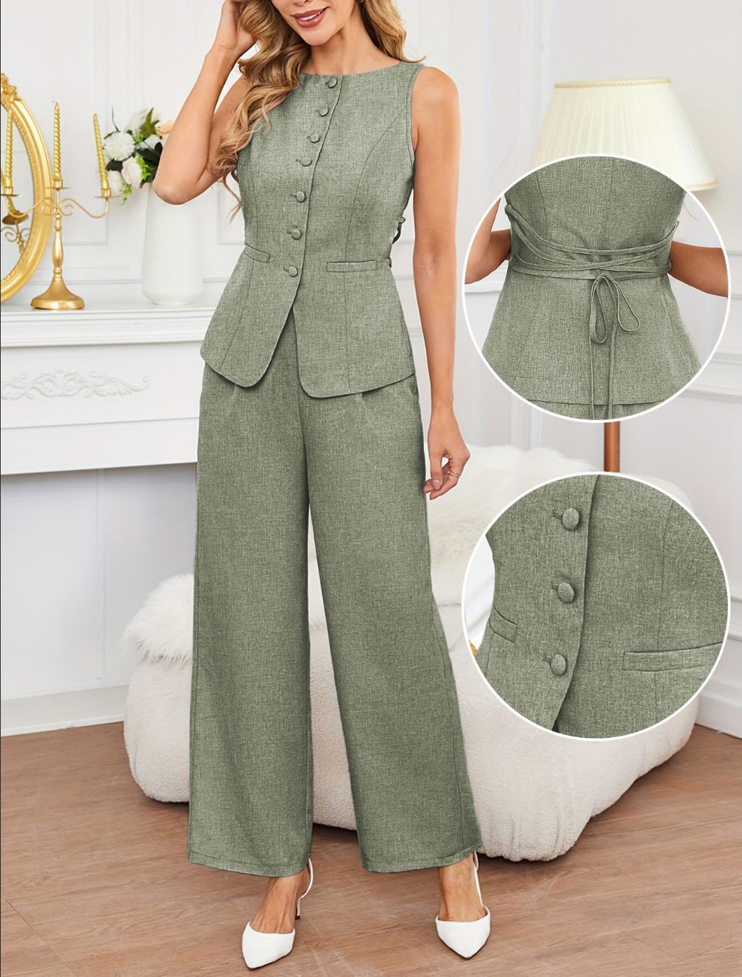 Sleeveless Top And Tie-waist Wide-leg Pants Set In French Style - Sculptify™