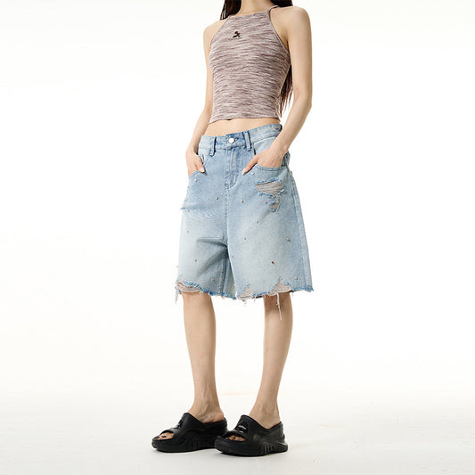 Ripped Retro Rhinestone Wide-leg Denim Shorts - Sculptify™
