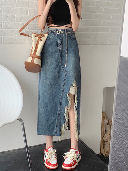 Summer Retro Irregular Slit Denim Skirt