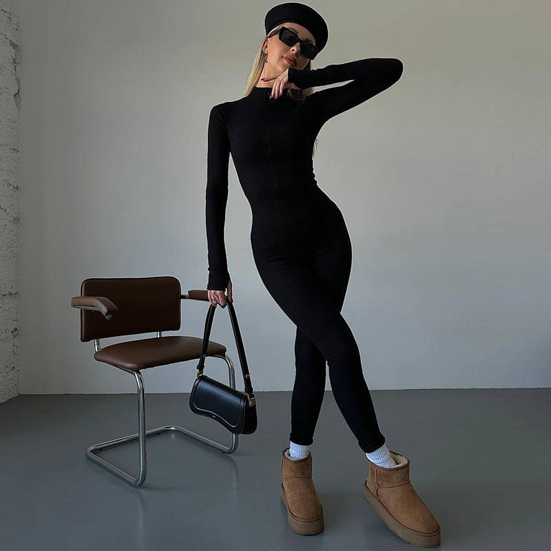 Women's Fashion Personality Chest Zipper Slim-fit Long-sleeved Stretch Bottoming Jumpsuit - Sculptify™