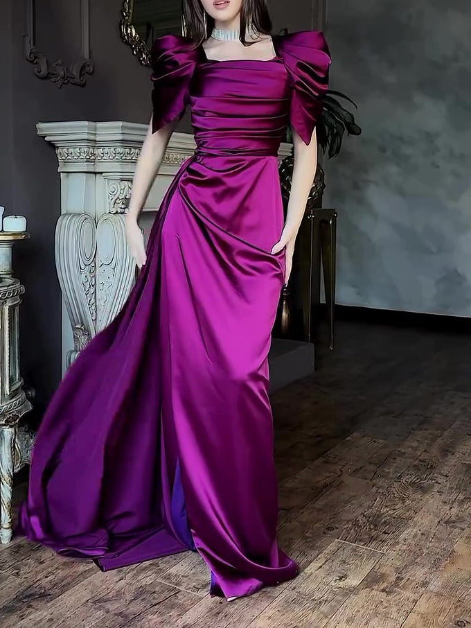 Elegant Puff Sleeve Pleated Slit Maxi Dress - Sculptify™