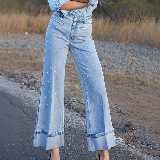 Stylish Curl Hem Beaded Jeans