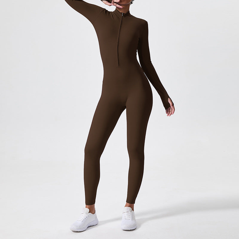Long Sleeve Outdoor Sports Jumpsuit Workout Clothes Zipper Training Skinny Hip Raise Yoga Clothes - Sculptify™