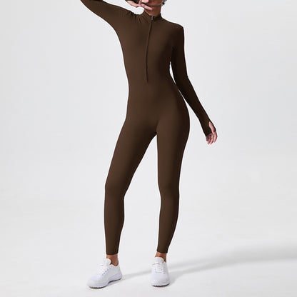 Long Sleeve Outdoor Sports Jumpsuit Workout Clothes Zipper Training Skinny Hip Raise Yoga Clothes - Sculptify™