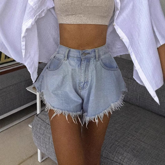 Chic Fur-Edge Umbrella Denim Shorts