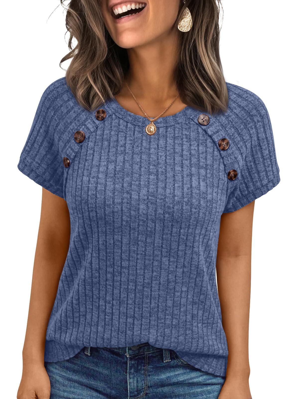 Womens Ribbed Crew-neck Button-panel Short-sleeve Top  Short sleeve t-shirts Sculptify™