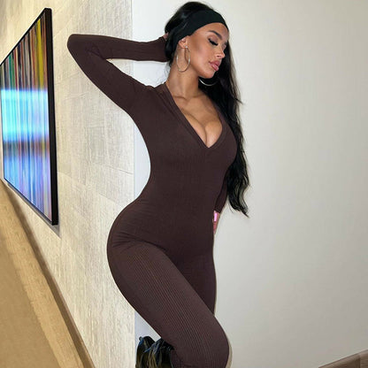 Solid Color Slim Fit Sports Long Sleeve Jumpsuit - Sculptify™