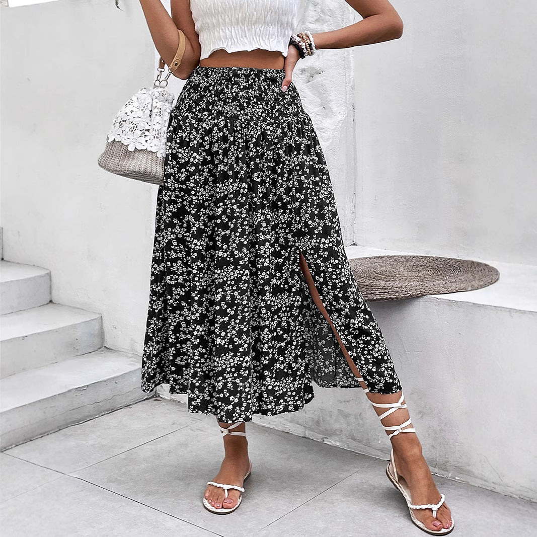 Elegant American Floral Split Midi Skirt