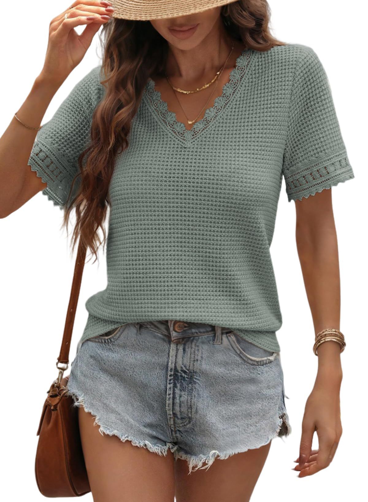 Womens V-neck Casual Waffle-knit Lace-panel Short-sleeve Top  Short sleeve t-shirts Sculptify™