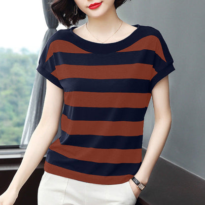 Striped Loose Short-sleeved T-shirt For Women  Short sleeve t-shirts Sculptify™