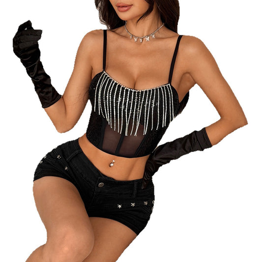 Womens Patchwork Diamond-Chain Fishbone Midriff-Baring Tank Top With Zipper - Sculptify™