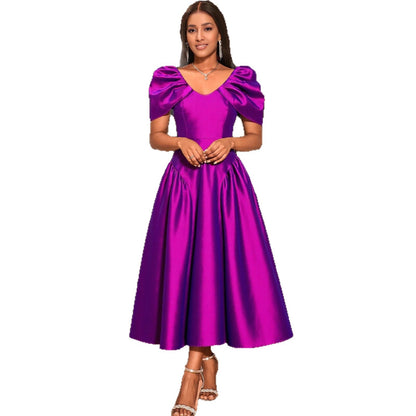 Puff Sleeve Evening Dress A Hem Pleated Banquet Dress - Sculptify™