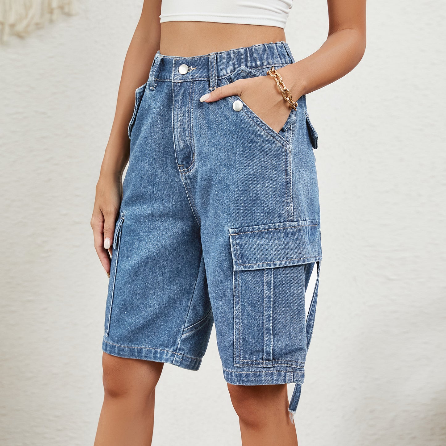 Washed Denim Utility Cargo Shorts