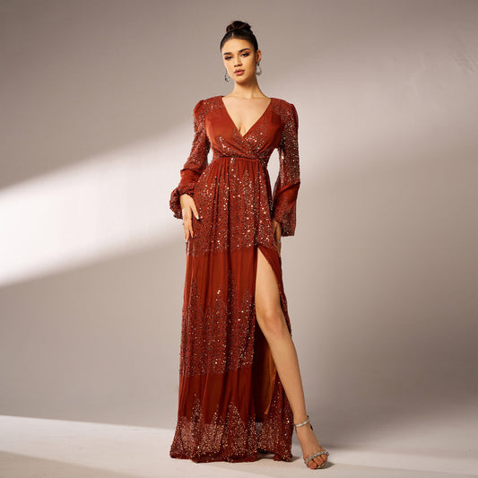Long Sleeve V-neck Sexy Long Sequined Evening Dress - Sculptify™