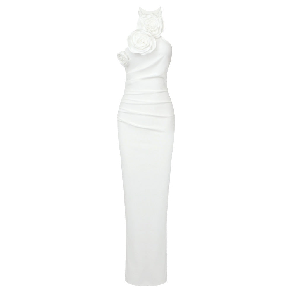 New Style White Ribbon Flower Halter Long High Sense Dress - Sculptify™