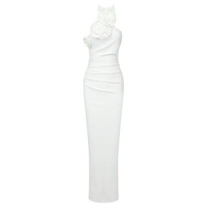 New Style White Ribbon Flower Halter Long High Sense Dress - Sculptify™