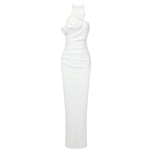 New Style White Ribbon Flower Halter Long High Sense Dress - Sculptify™