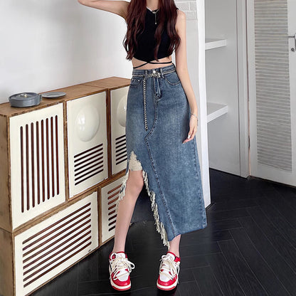 Summer Retro Irregular Slit Denim Skirt