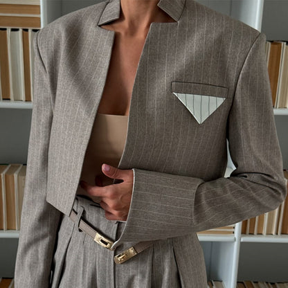 Chic And Stylish Striped Blazer And Suit Pants Casual Set - Sculptify™