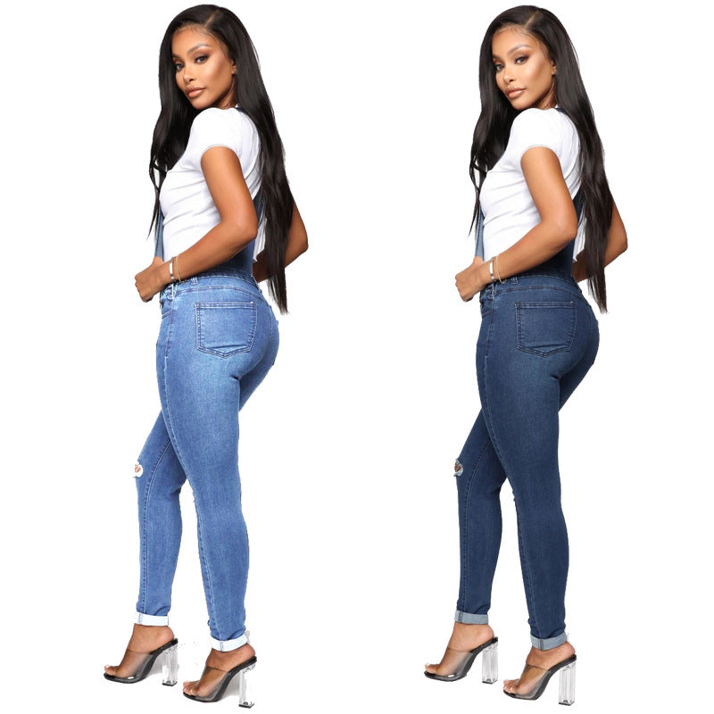 Womens Ripped Washed Denim Overalls - Sculptify™