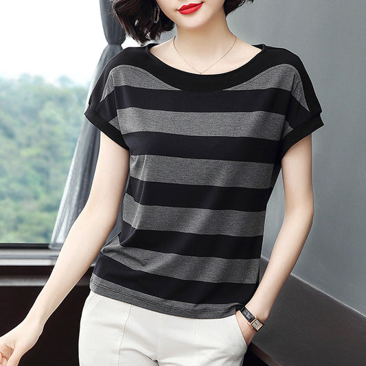 Striped Loose Short-sleeved T-shirt For Women  Short sleeve t-shirts Sculptify™