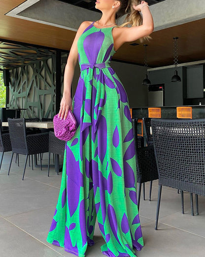 Green Printing Casual Lace Up Jumpsuit - Sculptify™