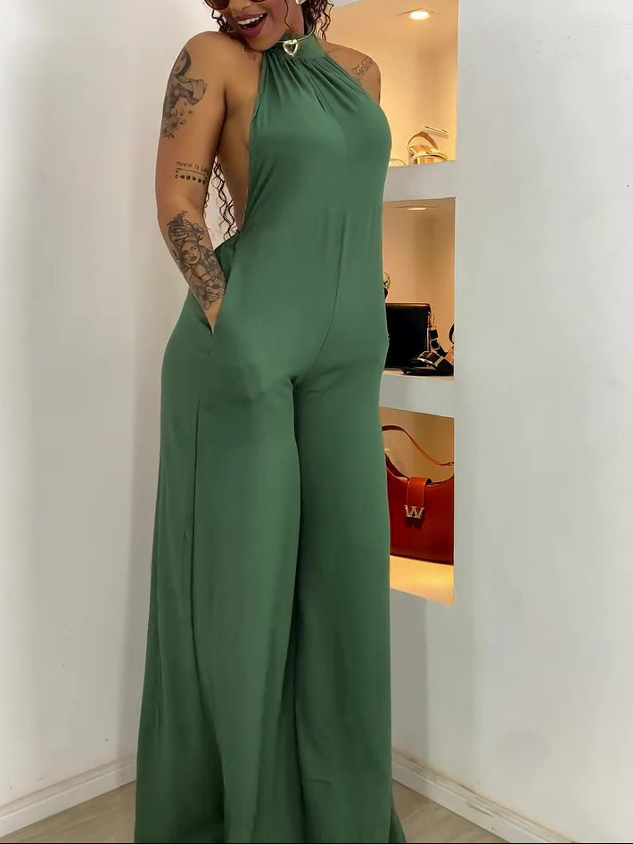 Green Halter-neck Backless Jumpsuit - Sculptify™