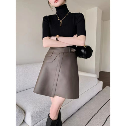 Trendy High-Waist Slim Fit Leather Skirt