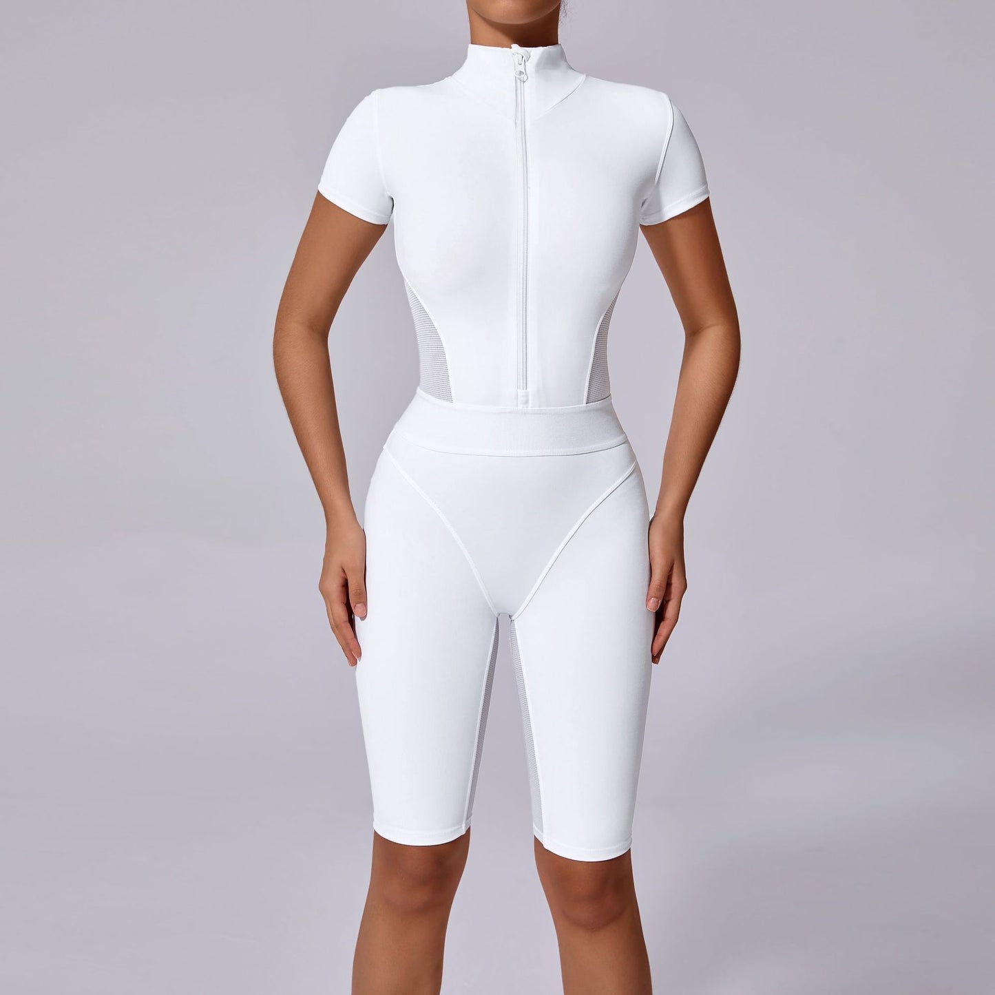 Tight Waist Open Collar Zipper Short Sleeve Yoga Jumpsuit Women - Sculptify™