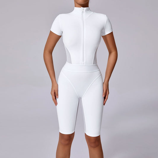 Tight Waist Open Collar Zipper Short Sleeve Yoga Jumpsuit Women - Sculptify™